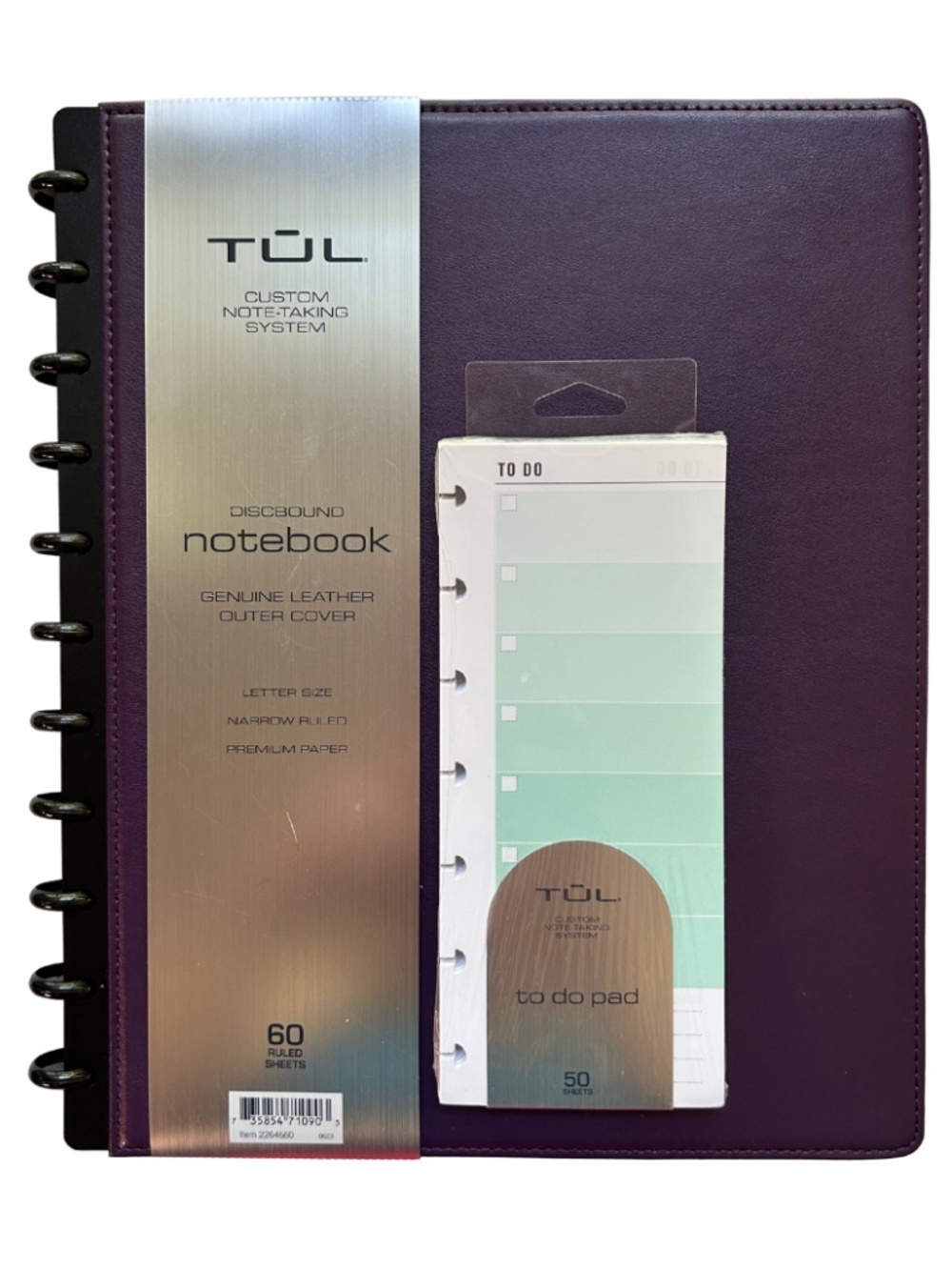 NEW TUL Discbound Notebook With Plum Leather Cover, Narrow Ruled 60 Sheets